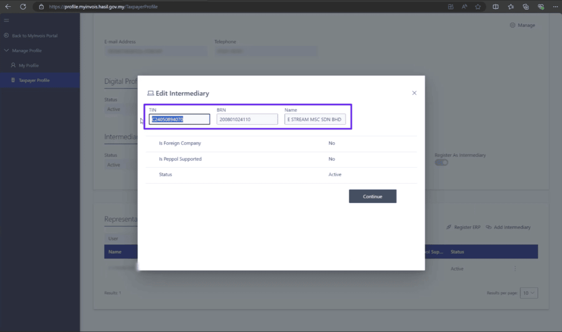 Add Intermediary for LHDN E-Invoice - Step 3b