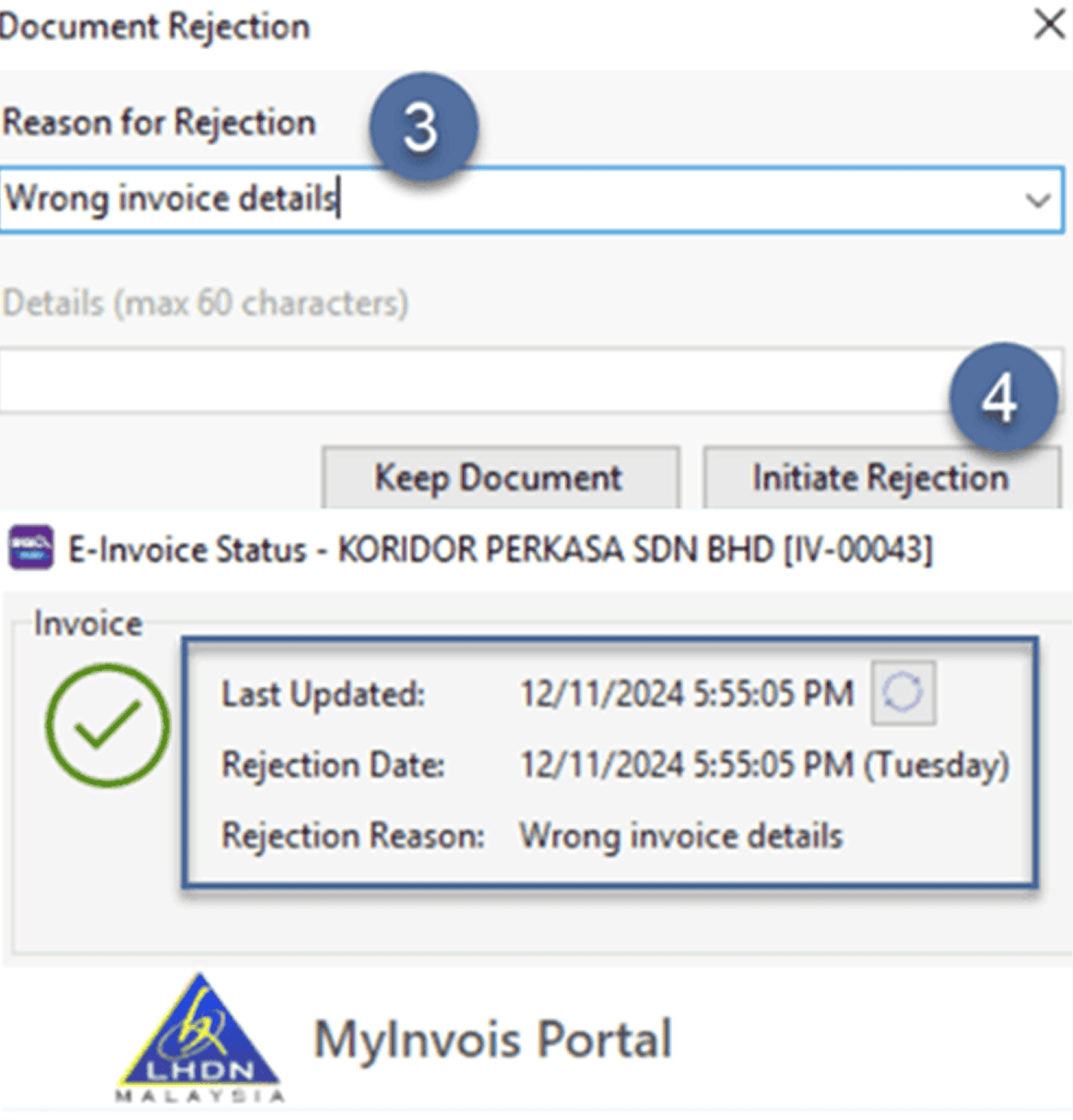 Select Invoice and Fill Reason
